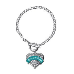 Silver Dark Teal Mom of Groom Pave Heart Charm Toggle Bracelet