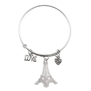 Silver Eiffel Tower Charm Wire Bangle Bracelet