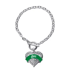 Silver Green Hope Pave Heart Charm Toggle Bracelet