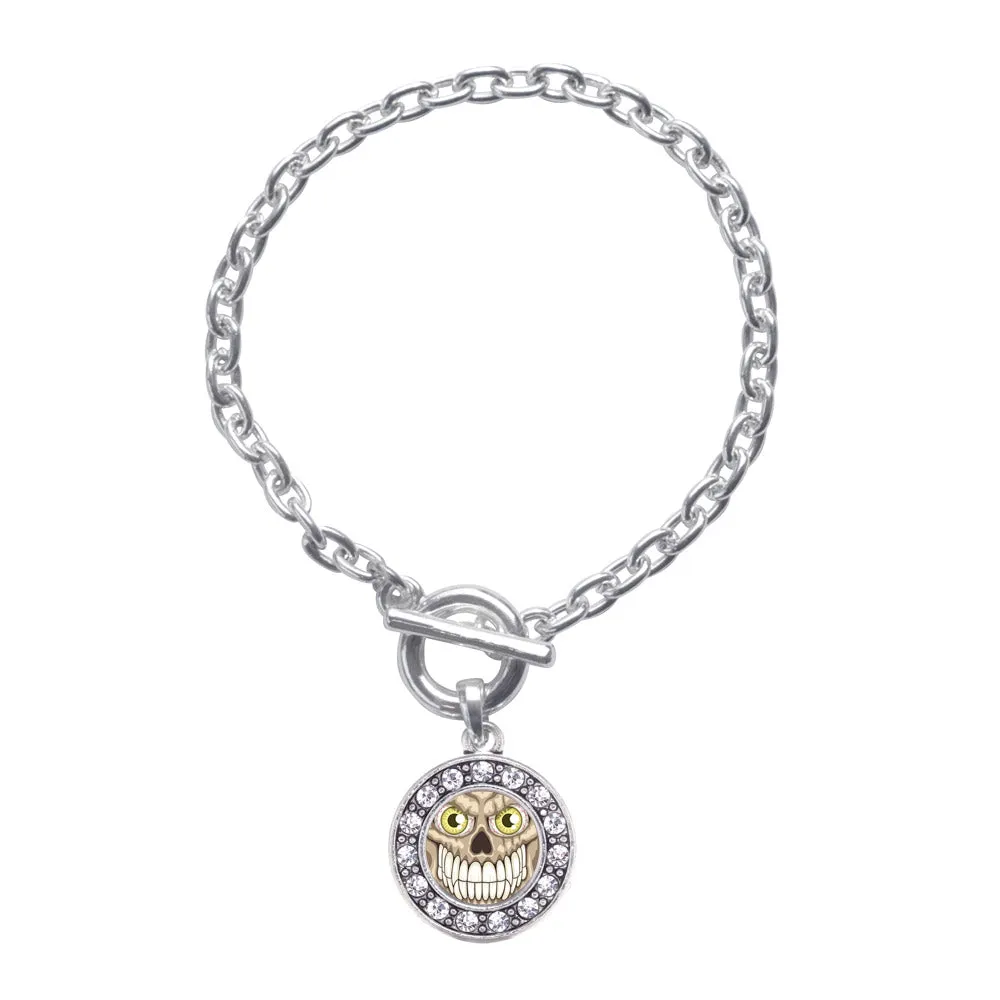 Silver Grinning Skull Circle Charm Toggle Bracelet