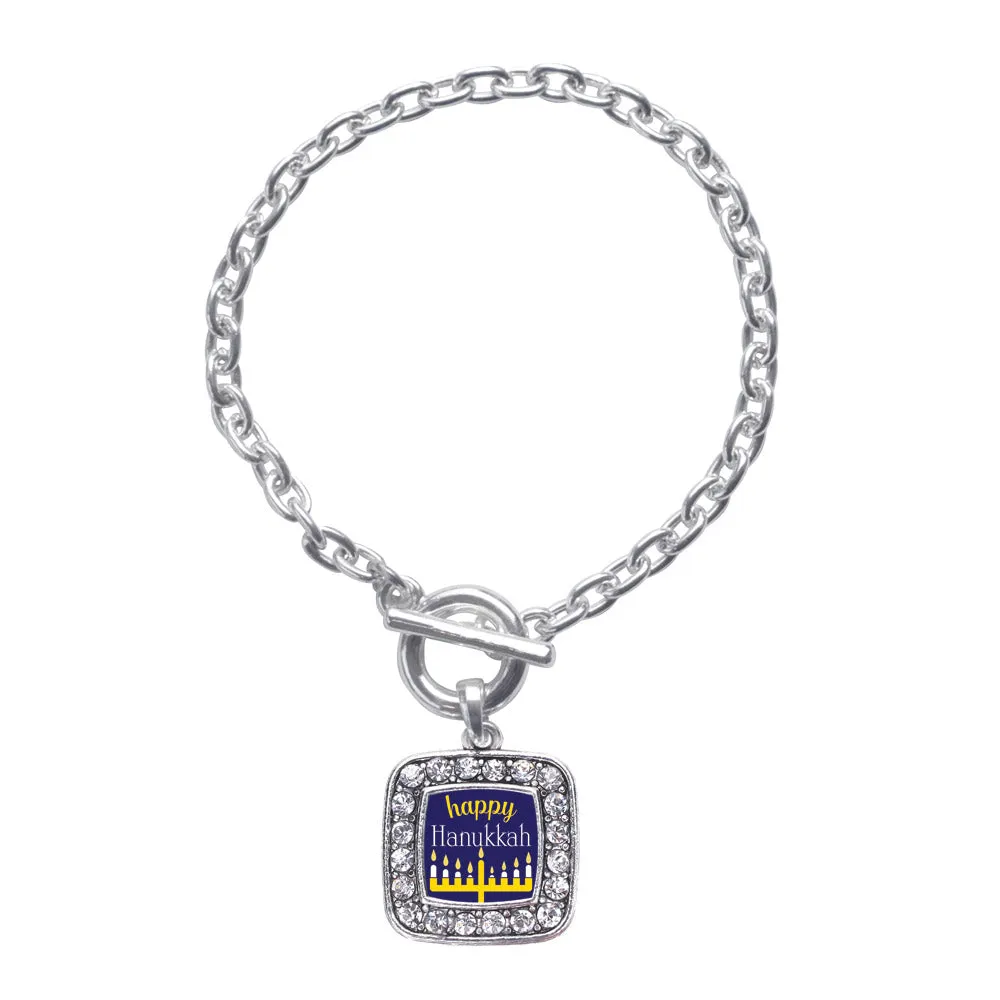 Silver Happy Hanukkah Square Charm Toggle Bracelet