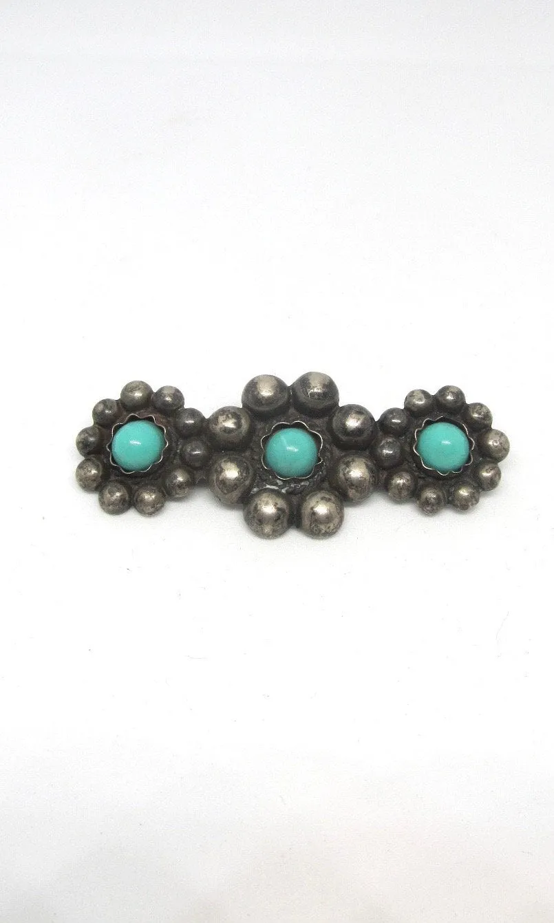 SILVER LINING 1930s Silver Floral Beaded Bar Pin with Turquoise Color Beads