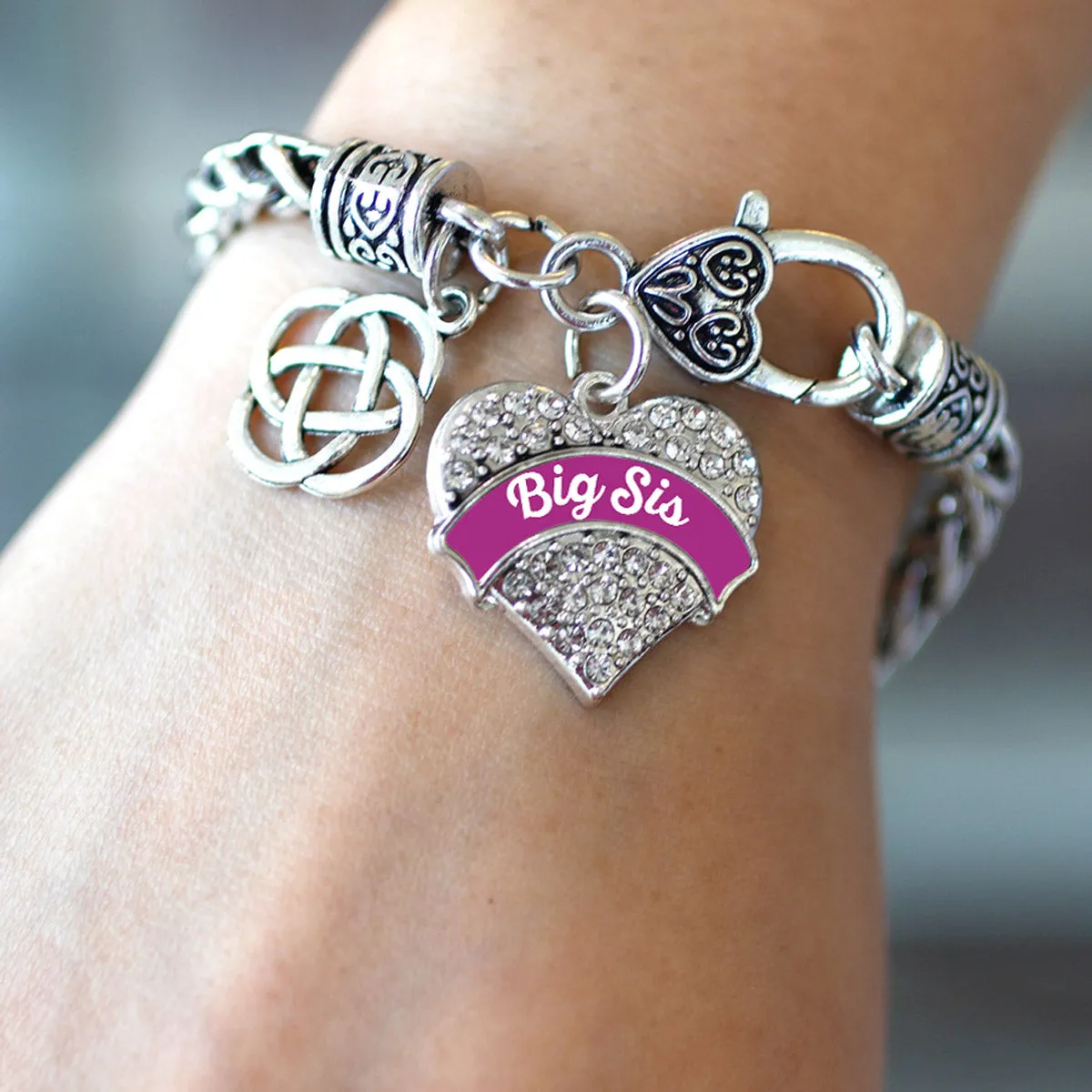 Silver Magenta Big Sis Celtic Knot Pave Heart Charm Braided Bracelet