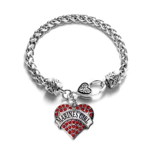 Silver Marines Girl Red Pave Heart Charm Braided Bracelet