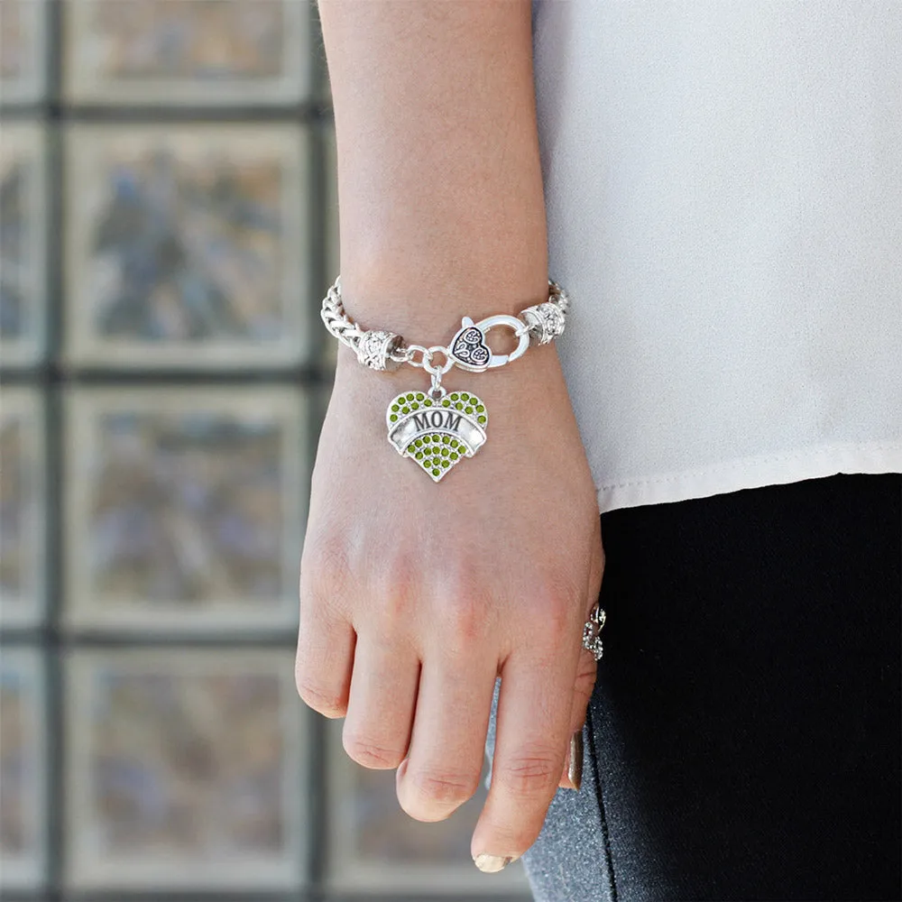 Silver Mom Green Green Pave Heart Charm Braided Bracelet