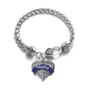 Silver Navy Blue Madre Pave Heart Charm Braided Bracelet