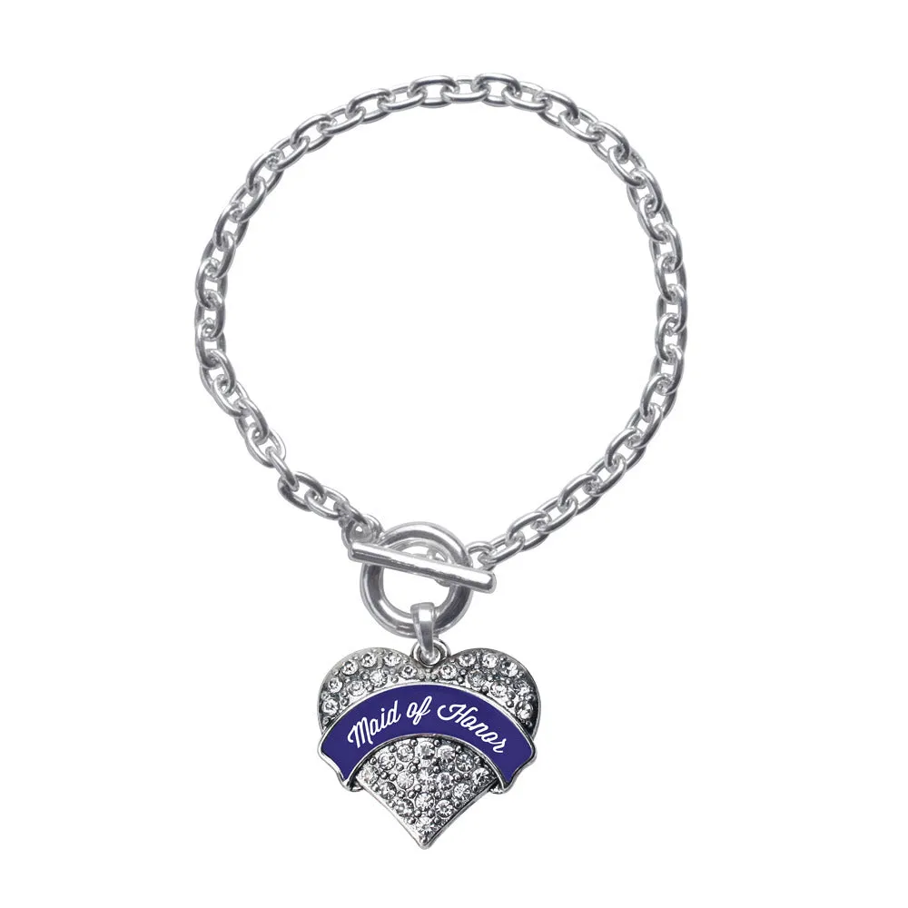 Silver Navy Blue Maid of Honor Pave Heart Charm Toggle Bracelet