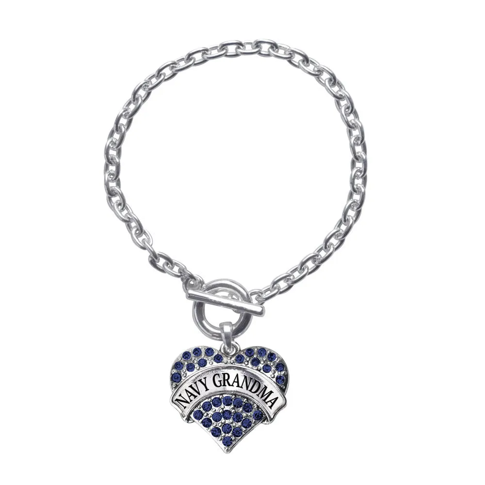 Silver Navy Grandma Blue Pave Heart Charm Toggle Bracelet