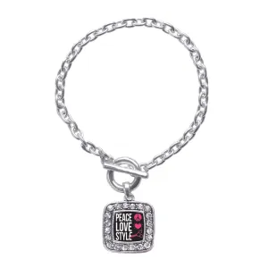 Silver Peace, Love, And Style Square Charm Toggle Bracelet