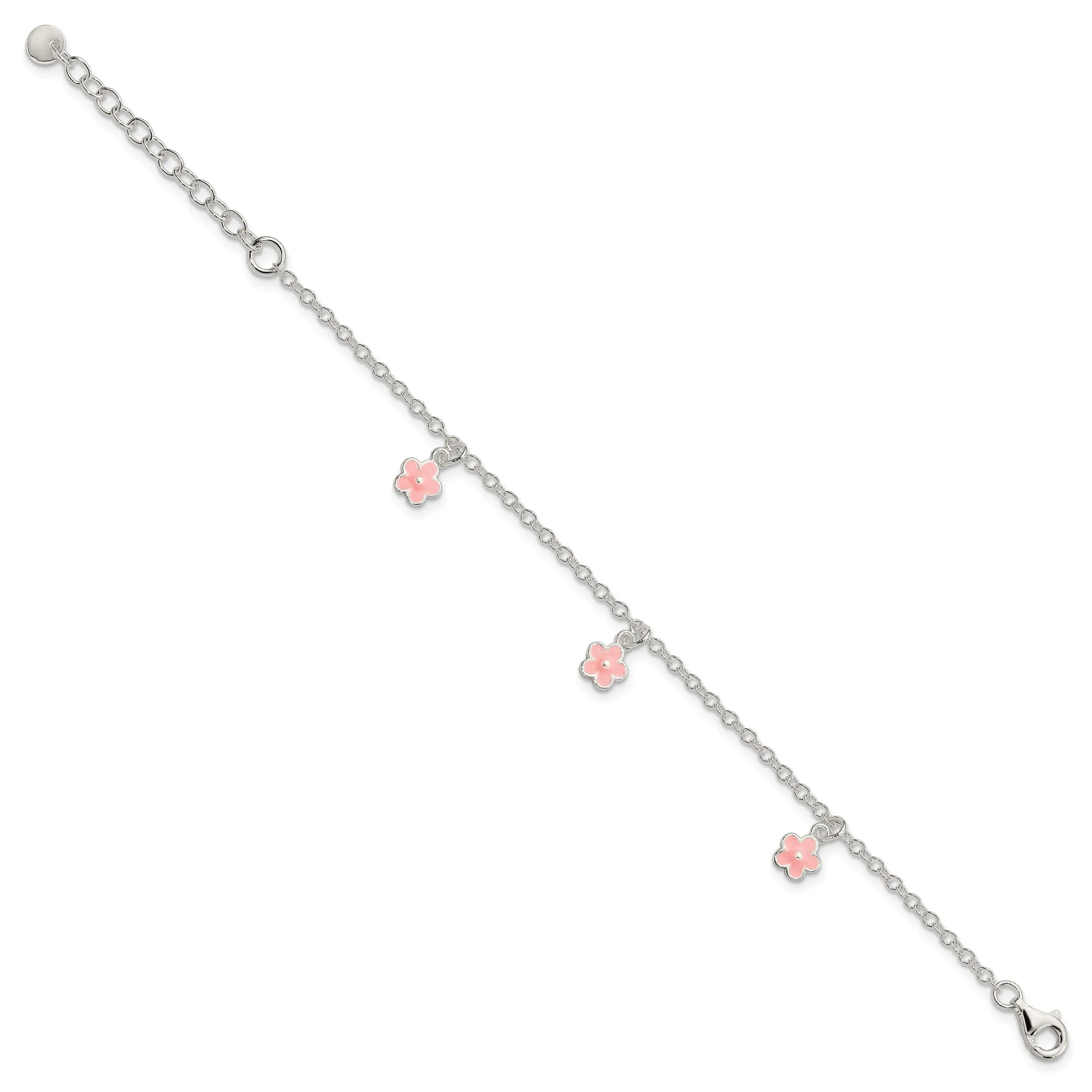 Silver Pink Enamel Dangle Flower Kids Bracelet