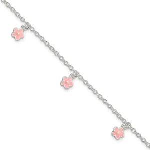 Silver Pink Enamel Dangle Flower Kids Bracelet