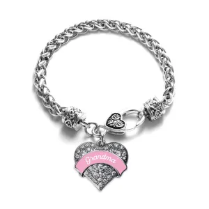 Silver Pink Grandma Pave Heart Charm Braided Bracelet