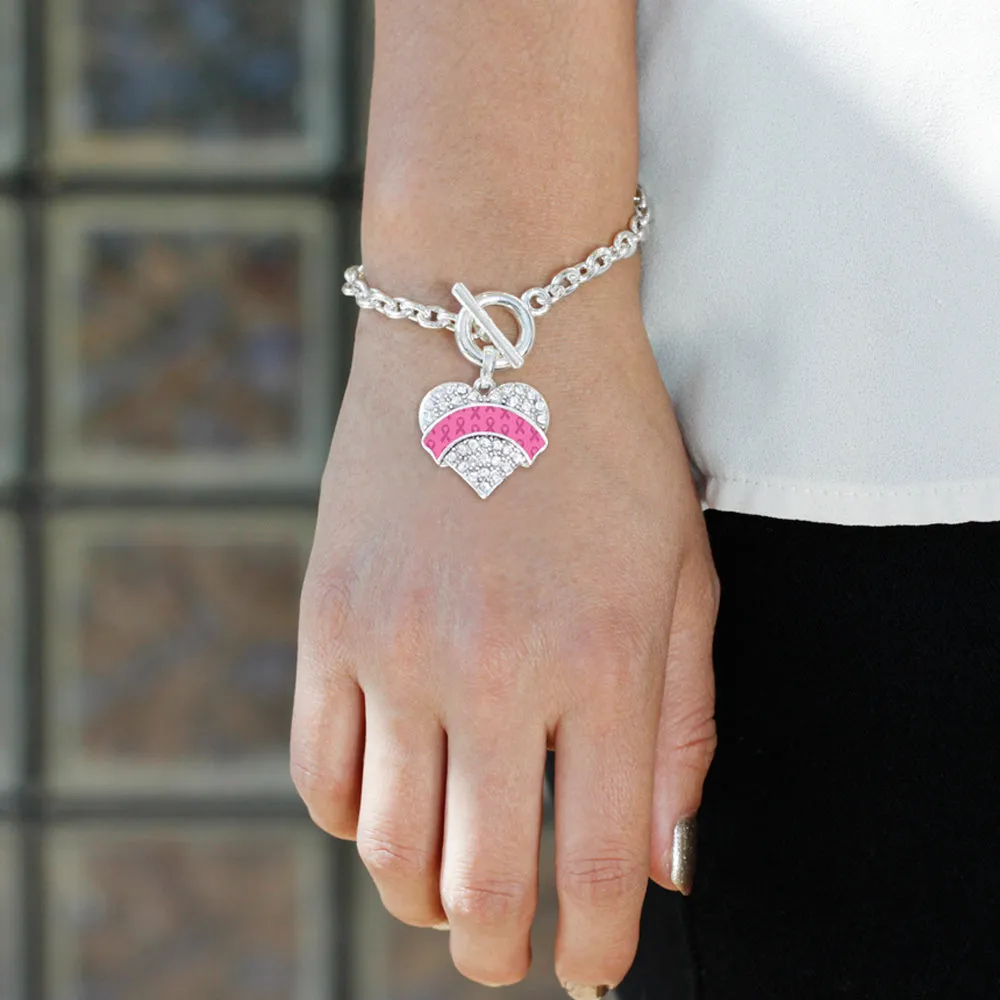 Silver Pink Ribbon Survivor Pave Heart Charm Toggle Bracelet