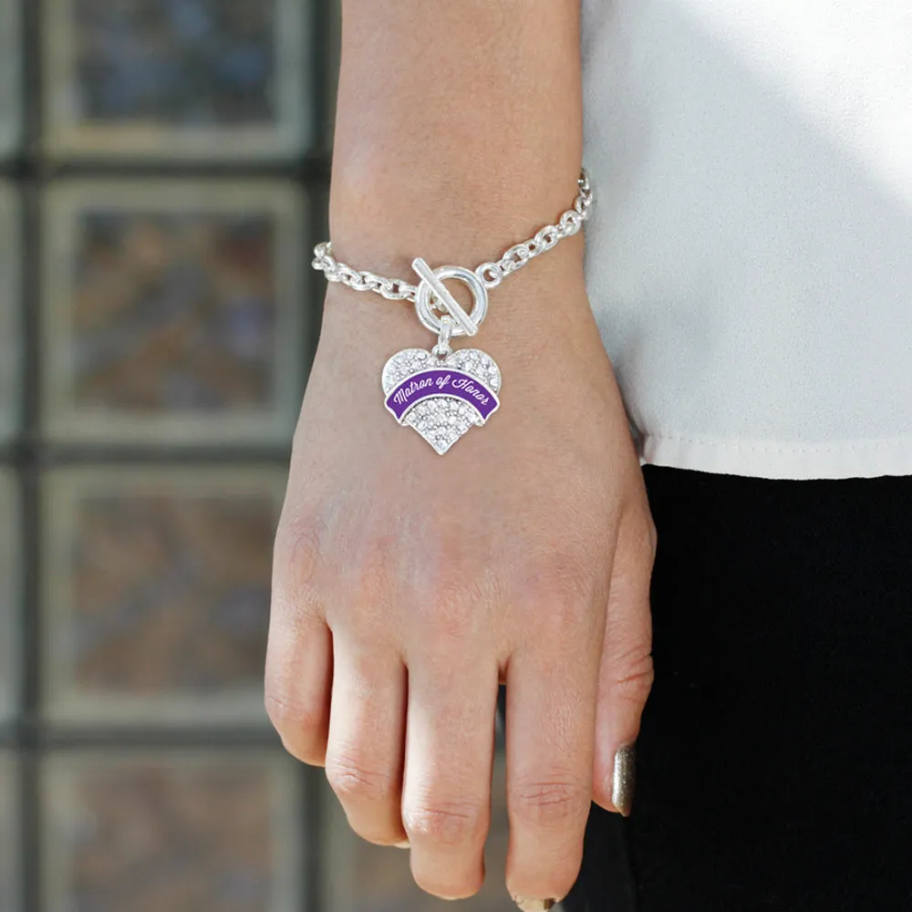 Silver Purple Matron Pave Heart Charm Toggle Bracelet