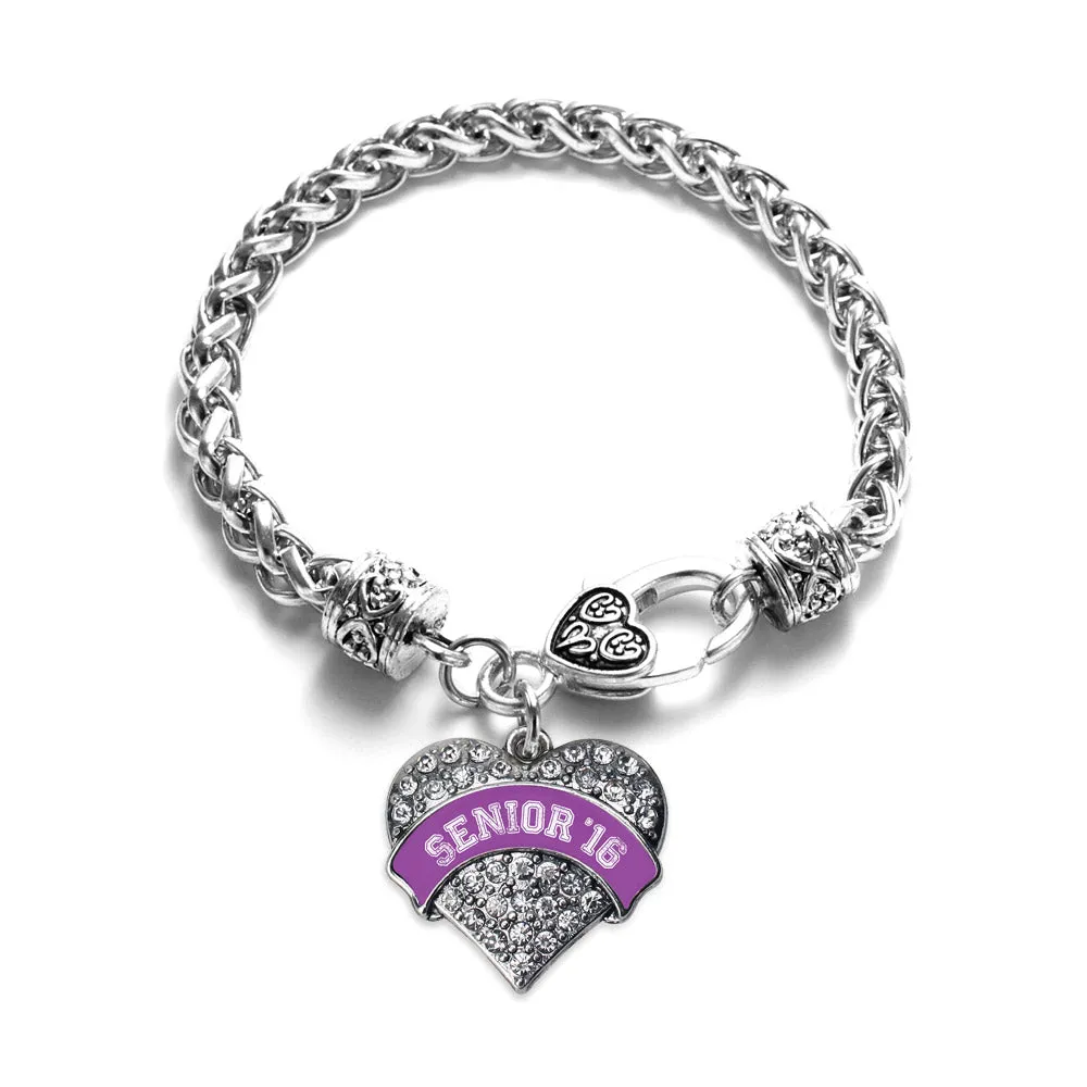 Silver Purple Senior 2016 Pave Heart Charm Braided Bracelet