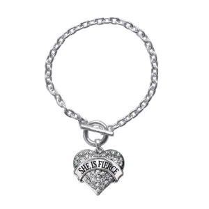 Silver She is Fierce Pave Heart Charm Toggle Bracelet