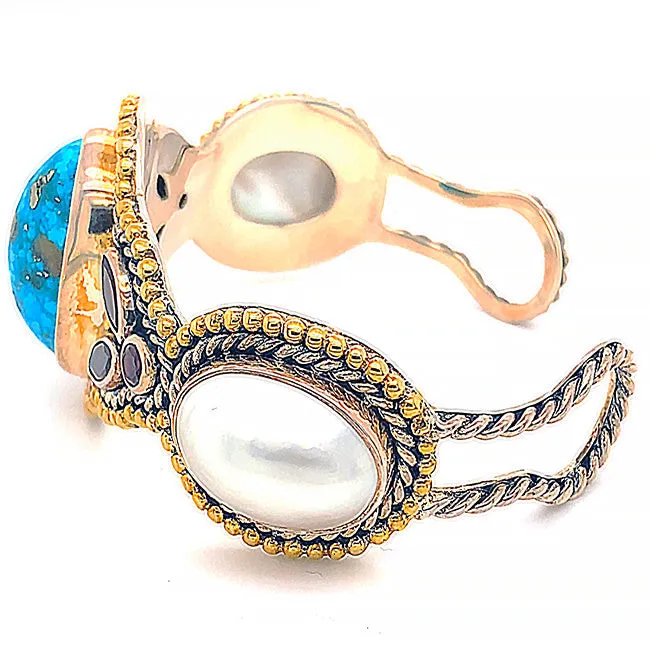 Silver& 18 kt gold  Bangled Bracelet with Persian Turquoise & Pearls  & Garnets Silver