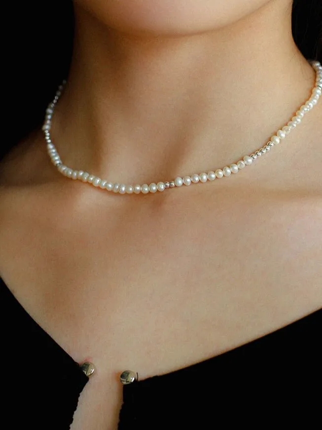 Simple Mini Pearl Silver Bead  Necklace