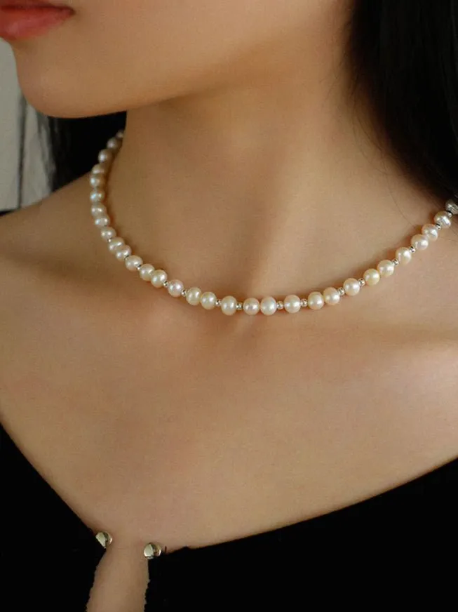 Simple Mini Pearl Silver Bead  Necklace