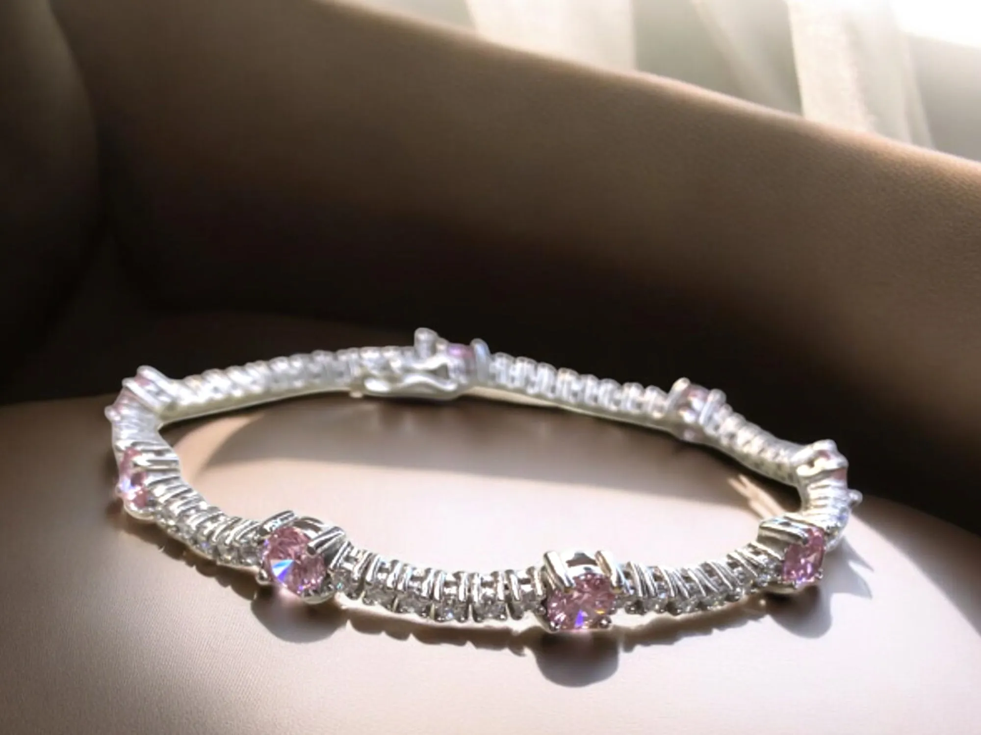 Sterling Silver Crystal Tennis Bracelet with Pink Crystal Stations