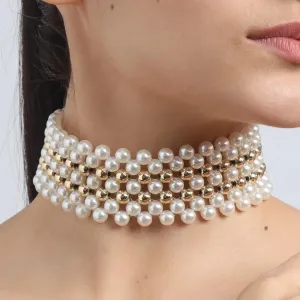 TFC Pearl Mesh with Double Bold Bead Gold Plated Choker Necklace