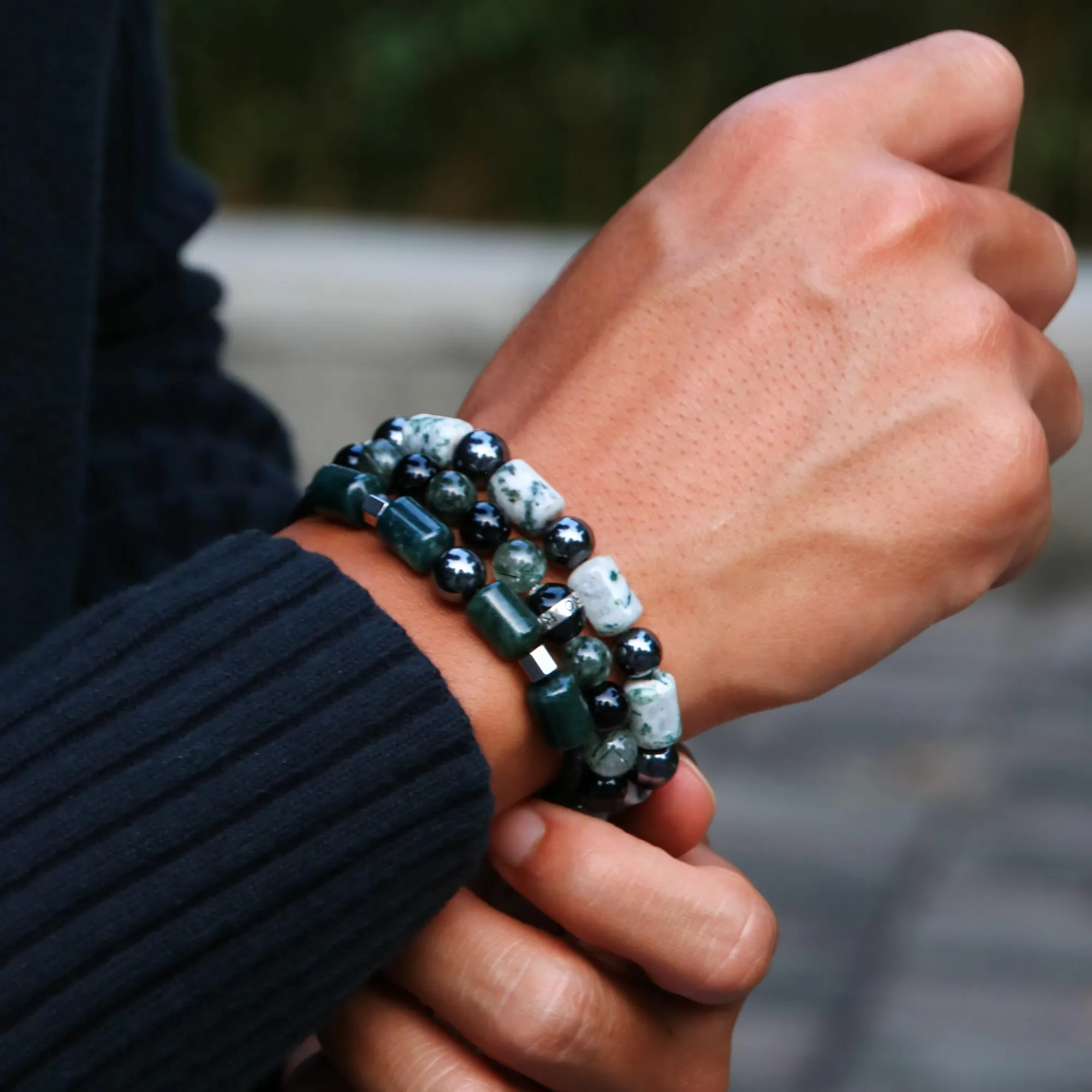 The Eclipse | Men String Bracelet with Hematite Green Rutilated Quartz Stone