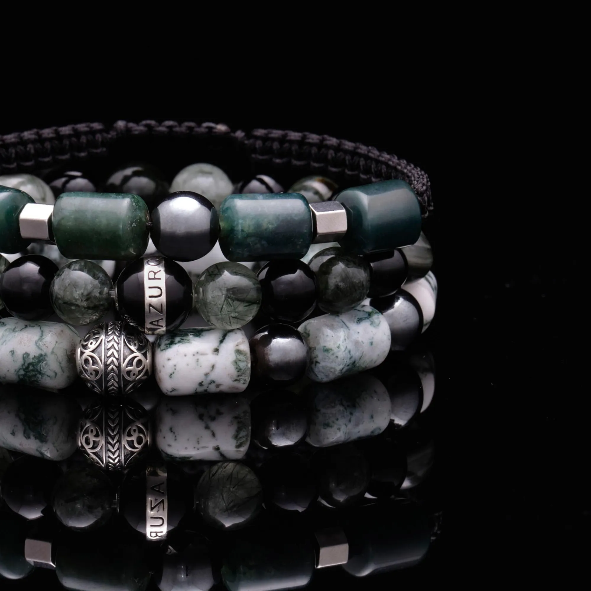 The Eclipse | Men String Bracelet with Hematite Green Rutilated Quartz Stone