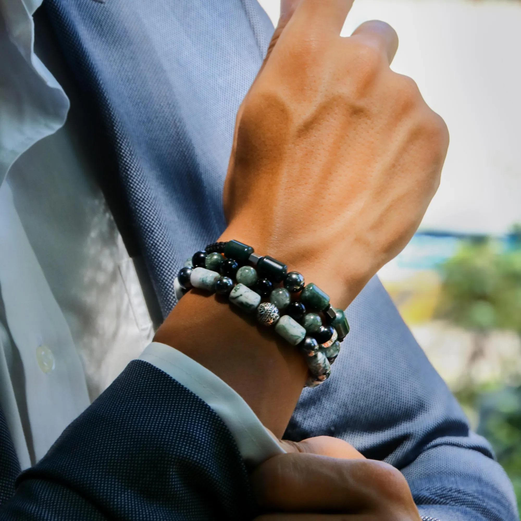 The Eclipse | Men String Bracelet with Hematite Green Rutilated Quartz Stone