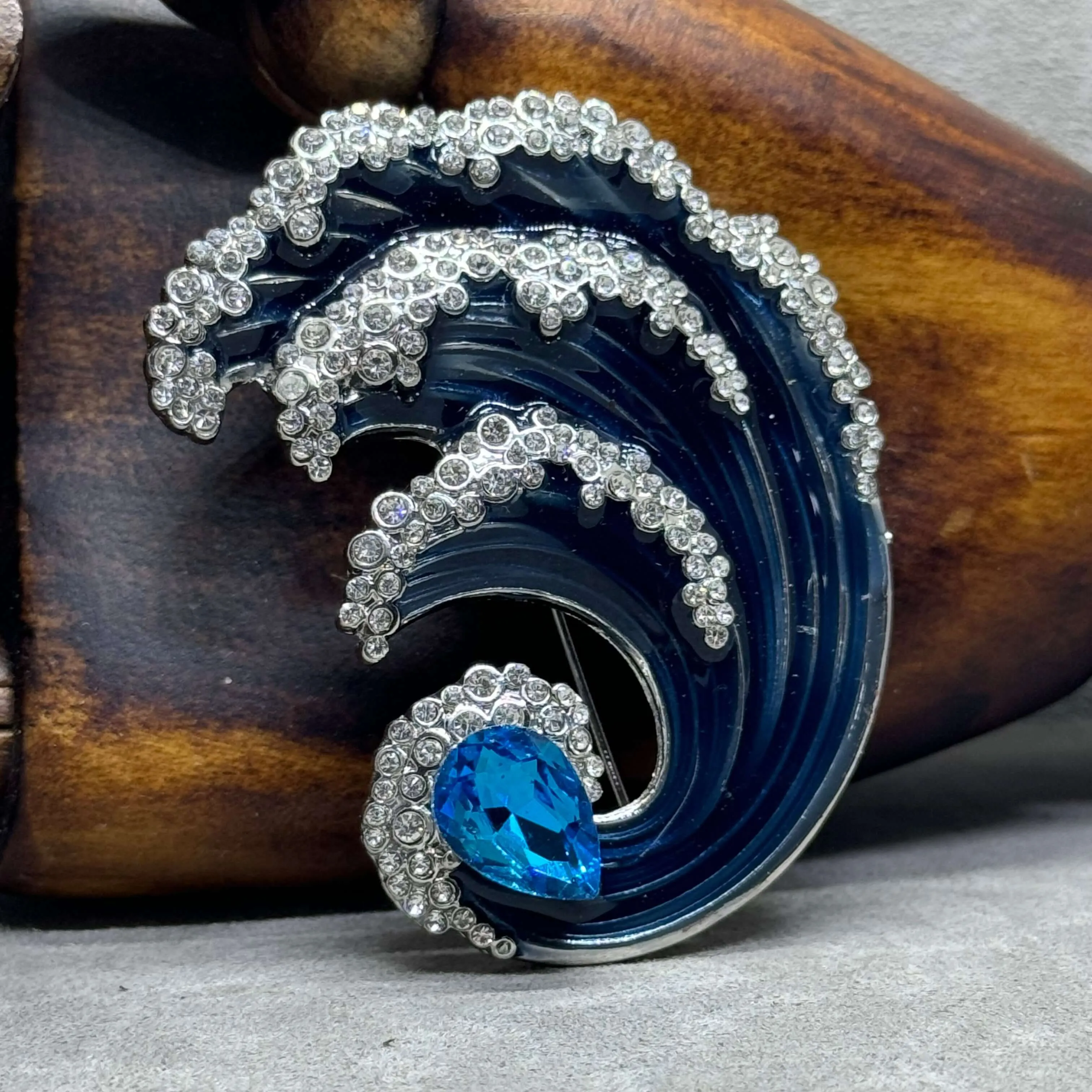 The Great Wave Enamel and Crystal Brooch