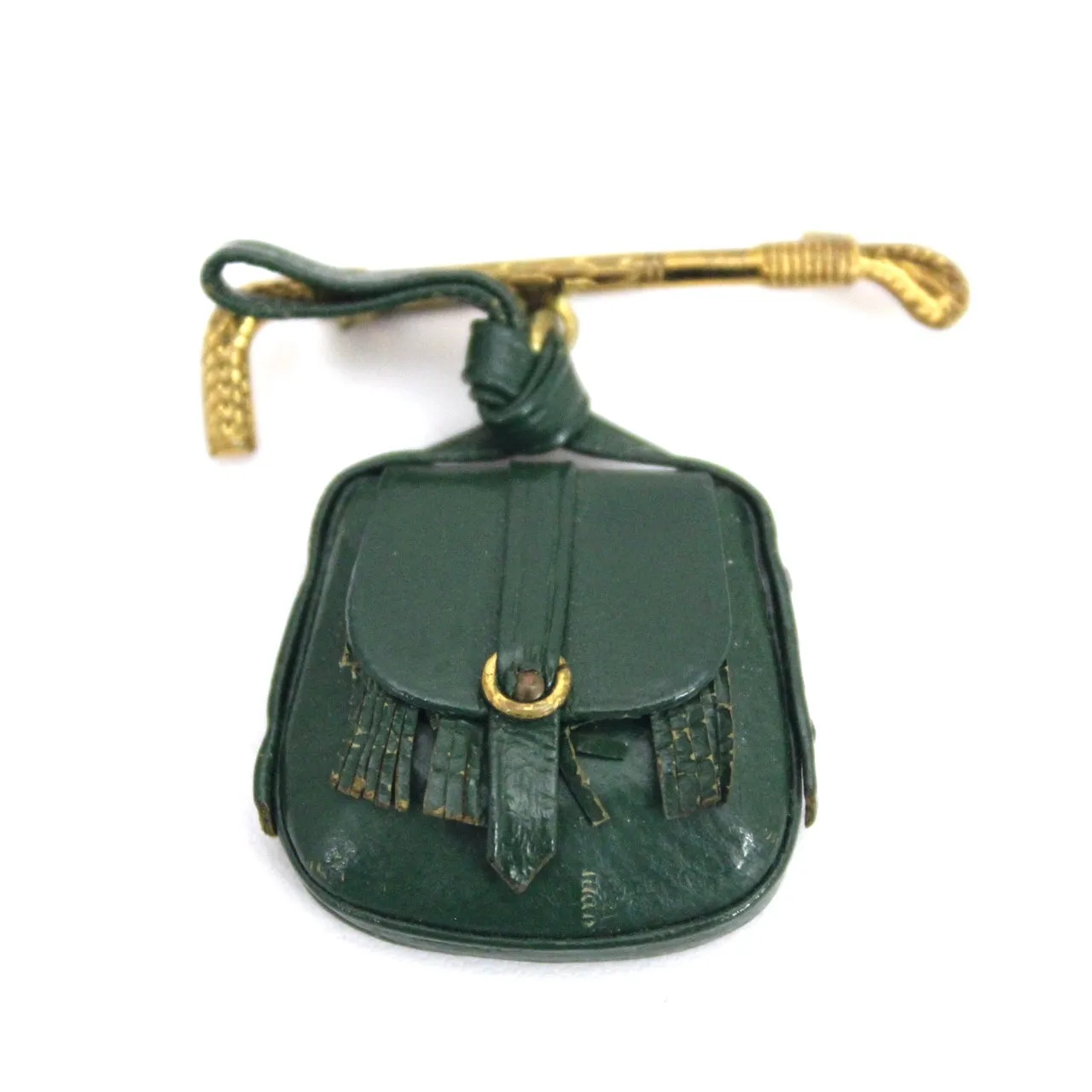 Vintage 1930s Equestrian Brooch Brass Horse Crop and Miniature Saddle Bag Green Leather