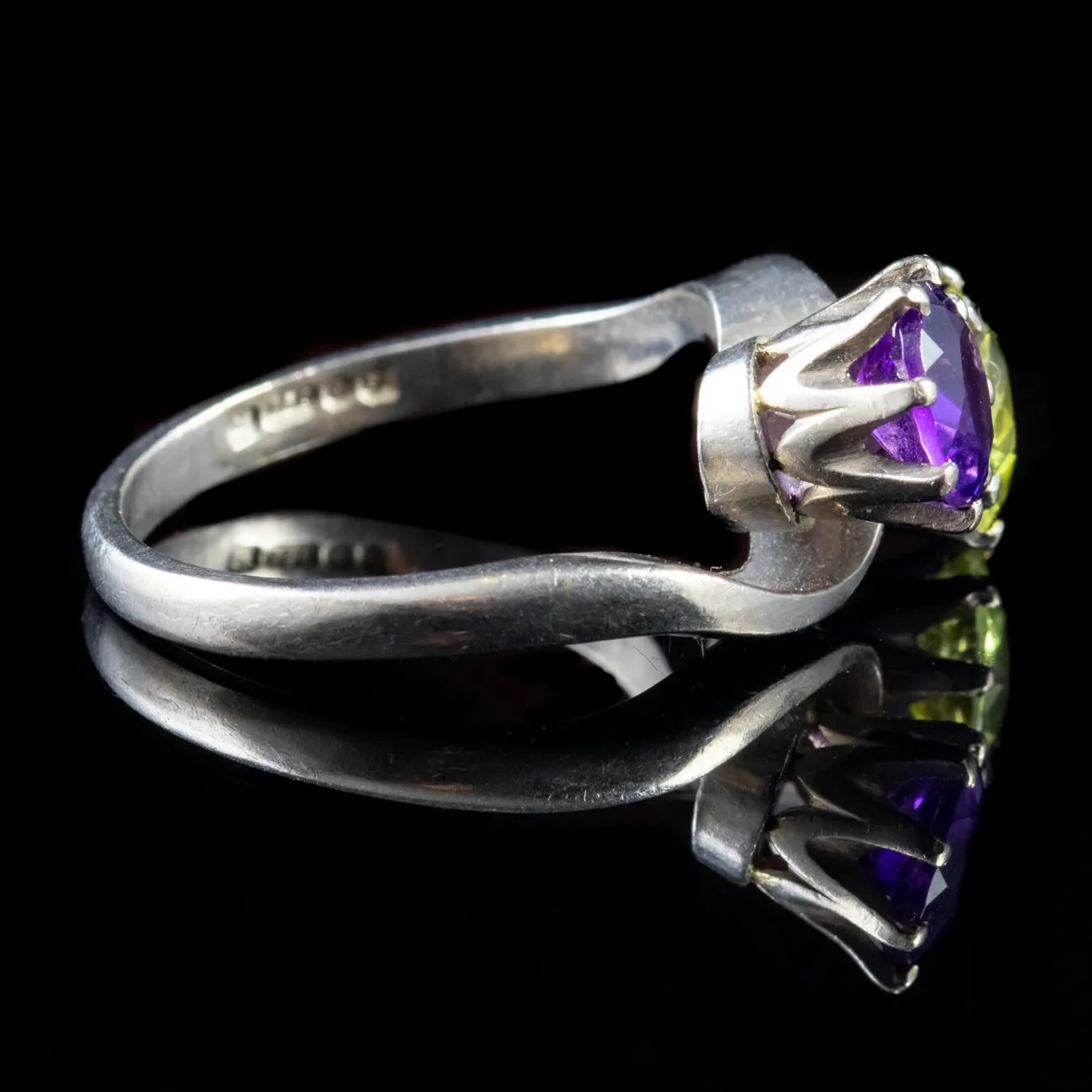 Vintage Suffragette Amethyst Peridot Ring 18Ct White Gold Dated 1976