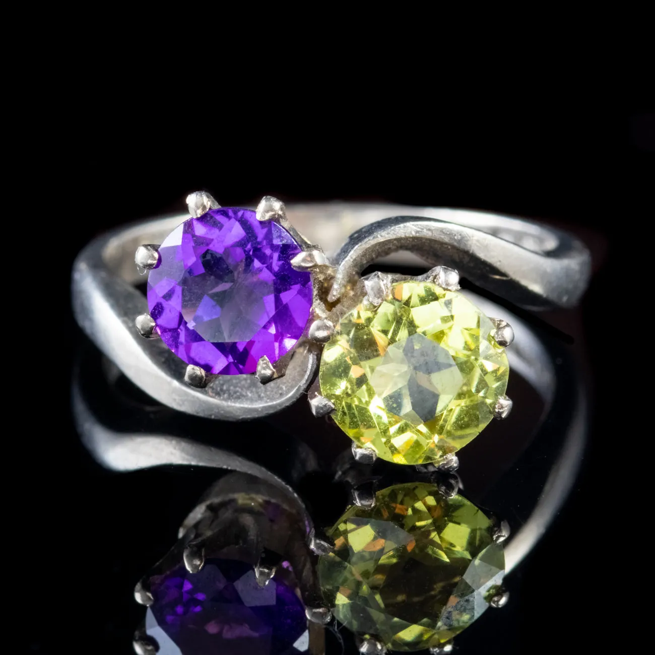 Vintage Suffragette Amethyst Peridot Ring 18Ct White Gold Dated 1976