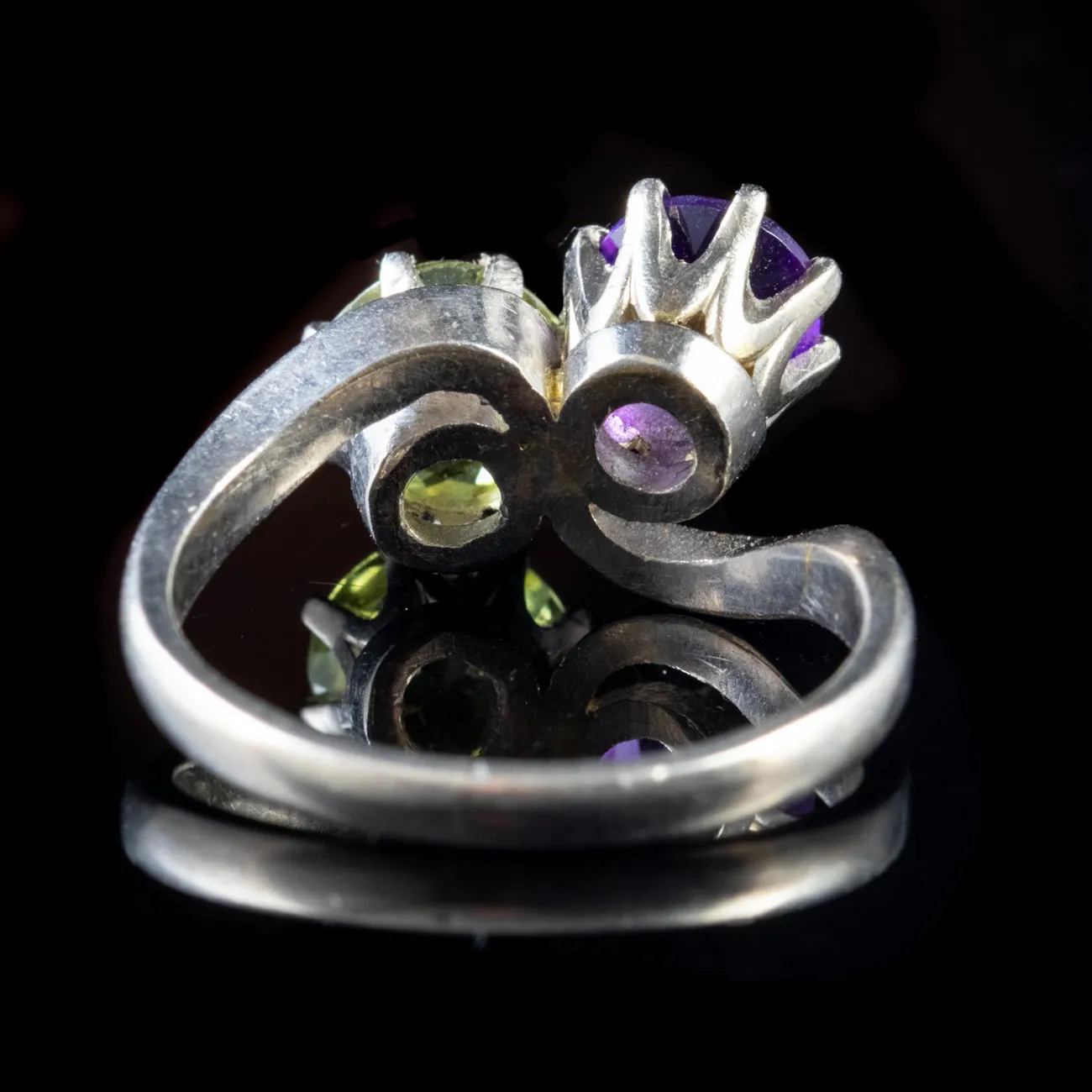 Vintage Suffragette Amethyst Peridot Ring 18Ct White Gold Dated 1976