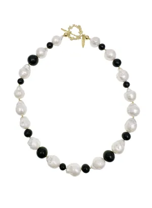 White Baroque Pearls with Black Obsidian Chunky Necklace LN072