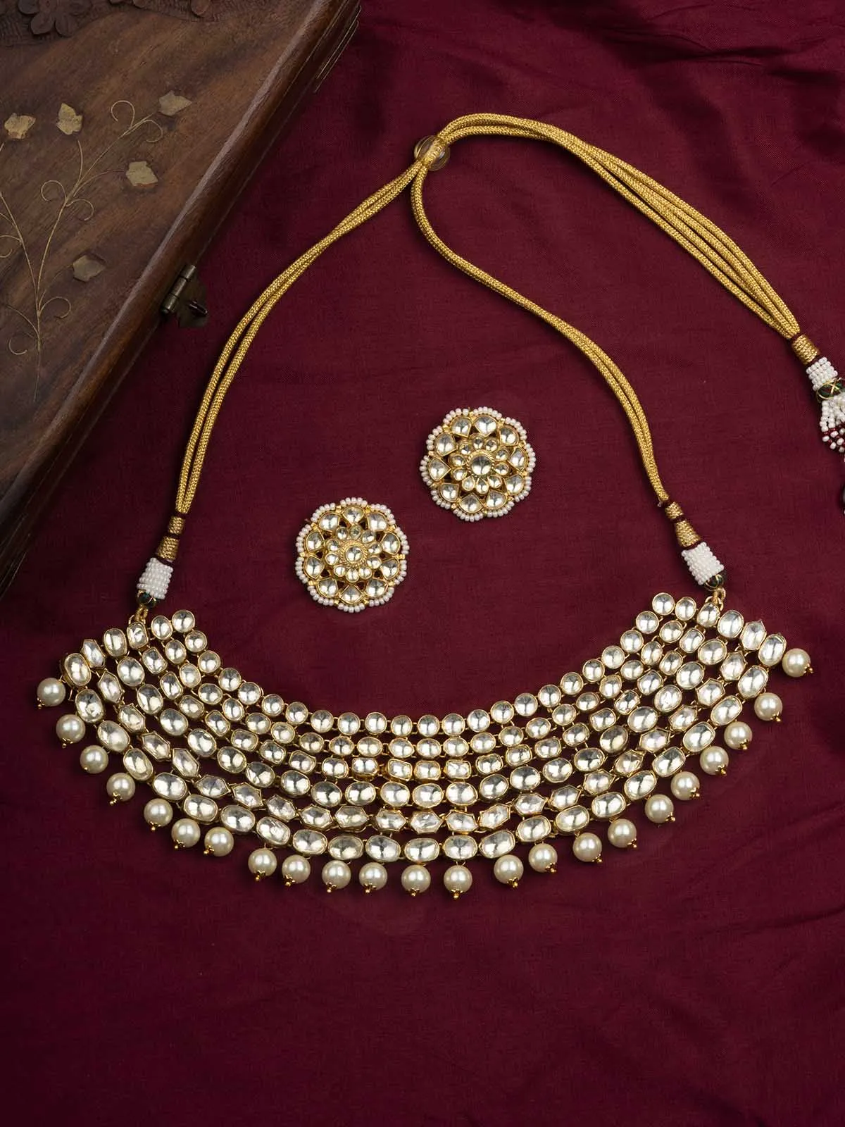 White Color Gold Plated Jadau Kundan Necklace Set - MS1833Y