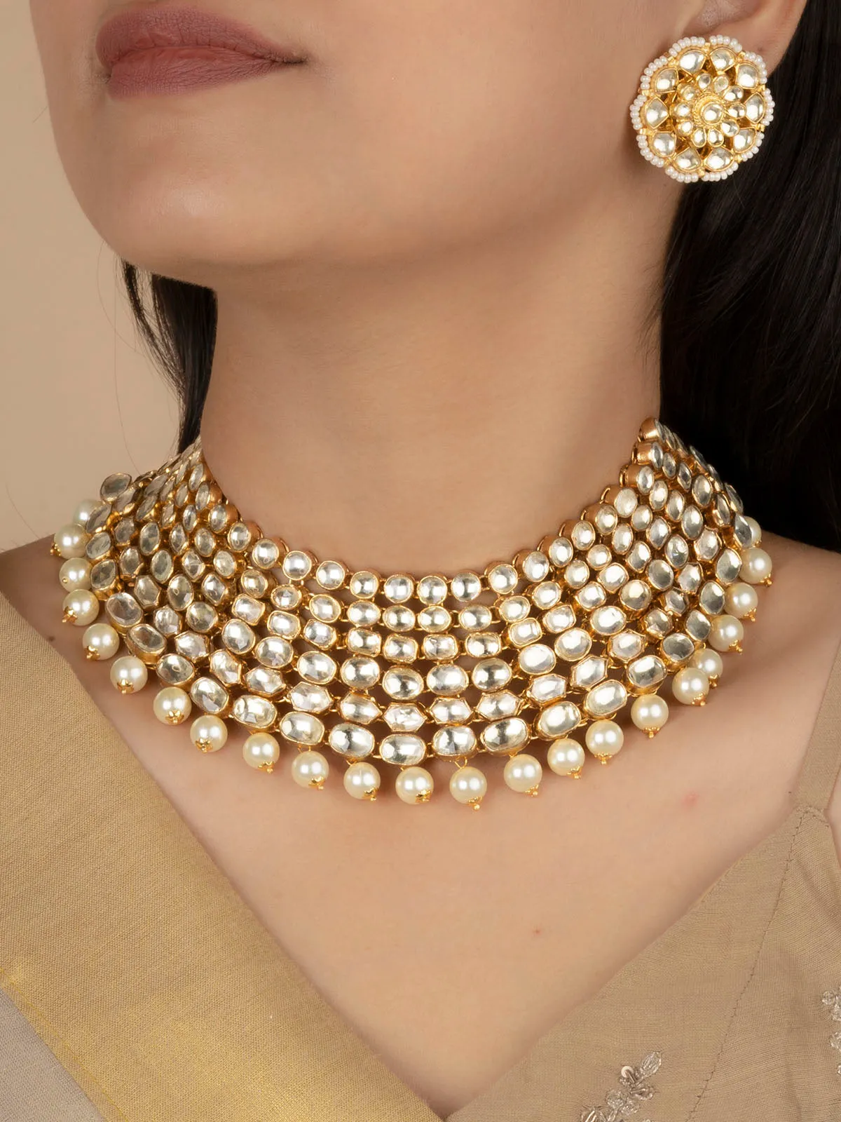 White Color Gold Plated Jadau Kundan Necklace Set - MS1833Y