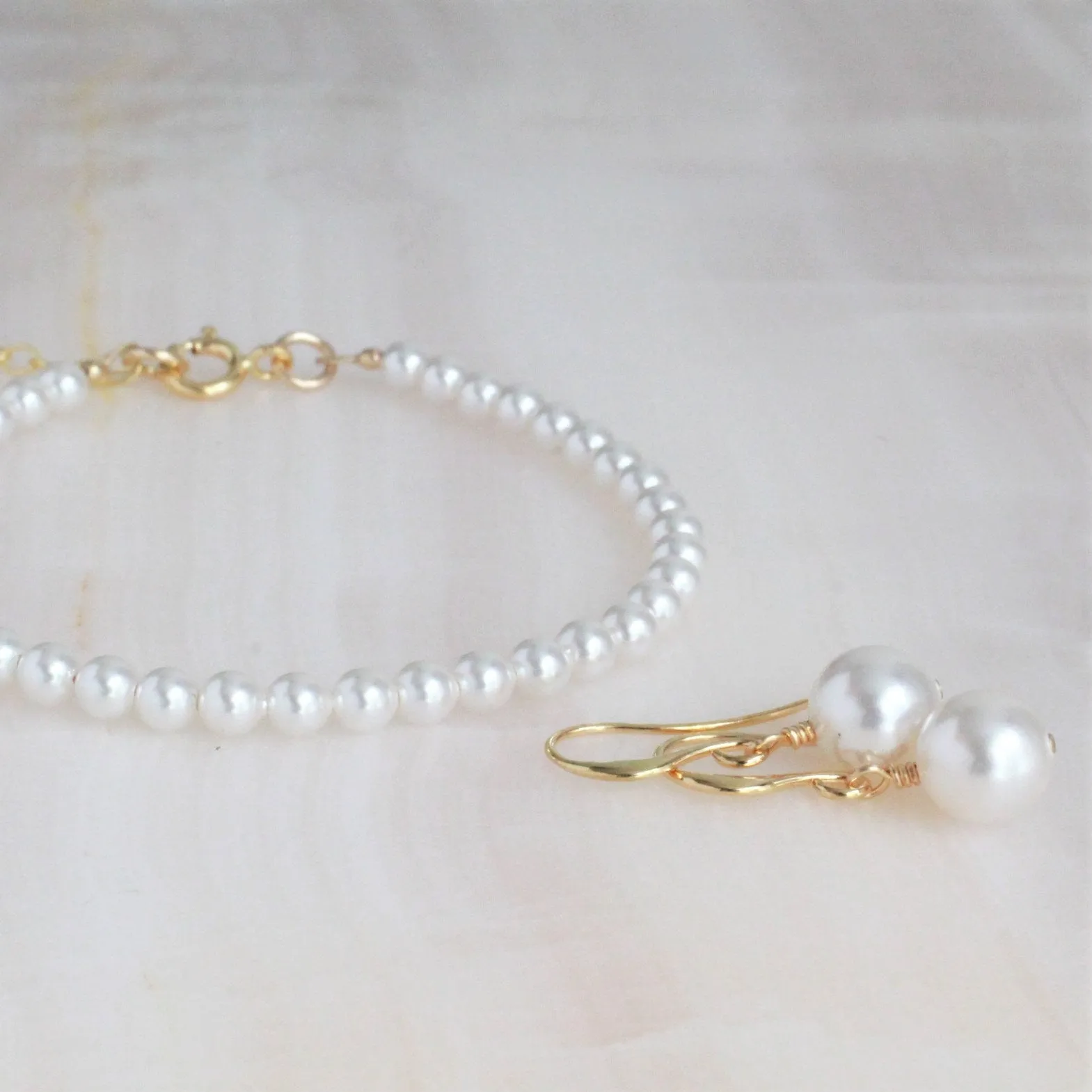 White Pearl Drop Gold Earrings and Bracelet Set