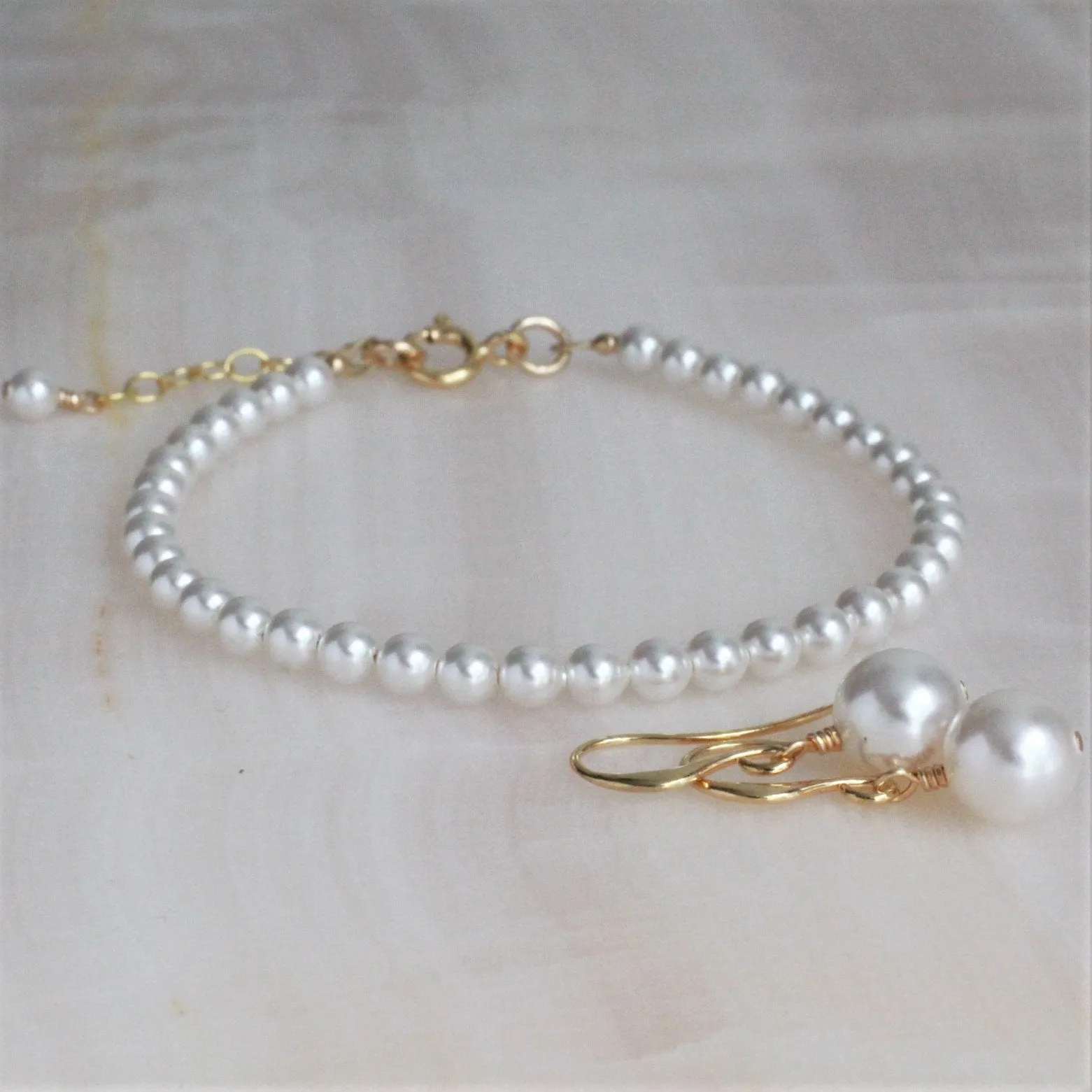 White Pearl Drop Gold Earrings and Bracelet Set