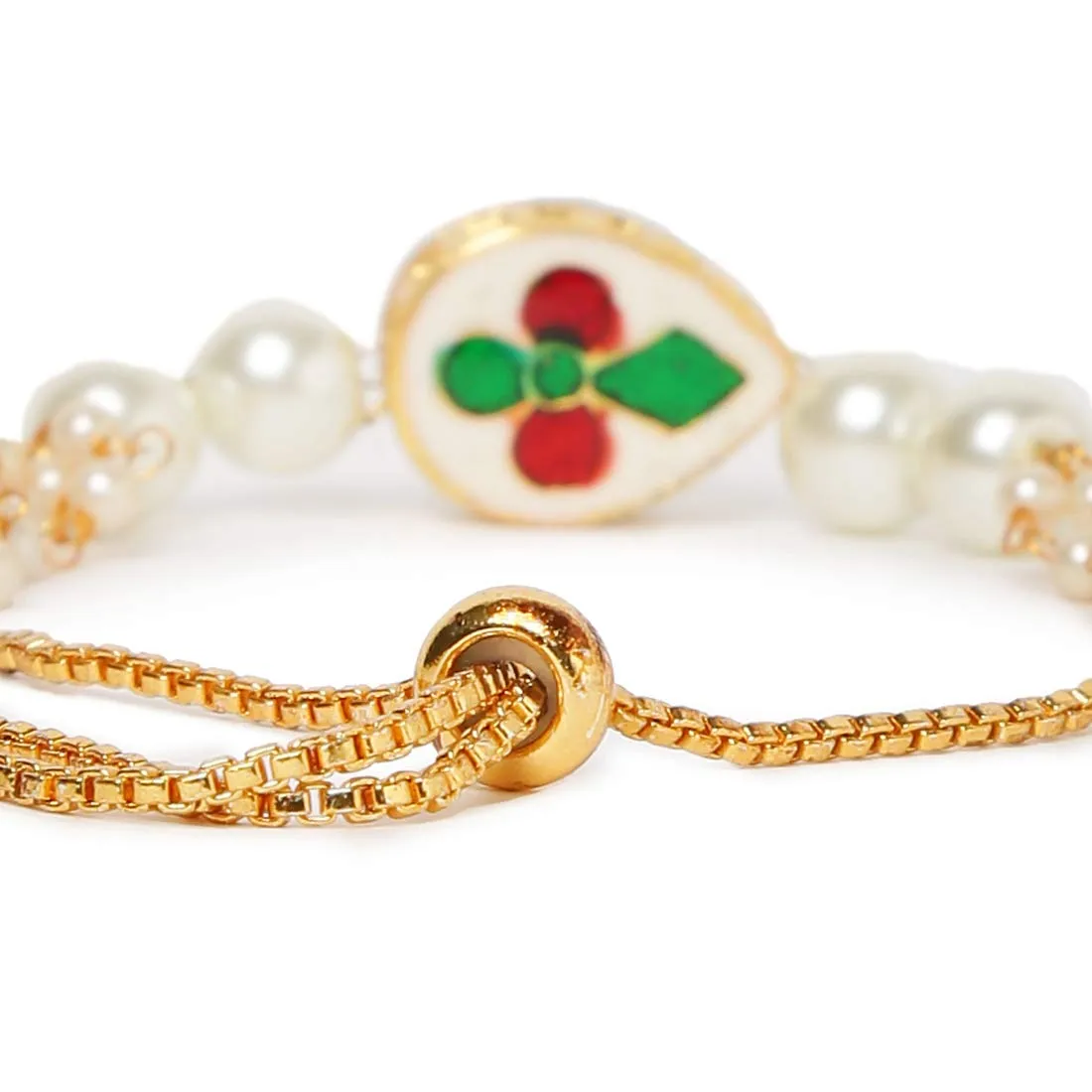 Yellow Chimes Ethnic Design Gold Plated Handmade White Kundan Studded Moti Bandhani Work Bracelet for Women & Girls