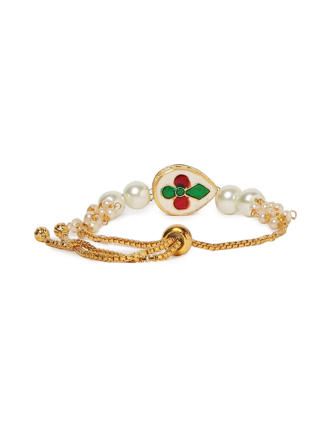 Yellow Chimes Ethnic Design Gold Plated Handmade White Kundan Studded Moti Bandhani Work Bracelet for Women & Girls